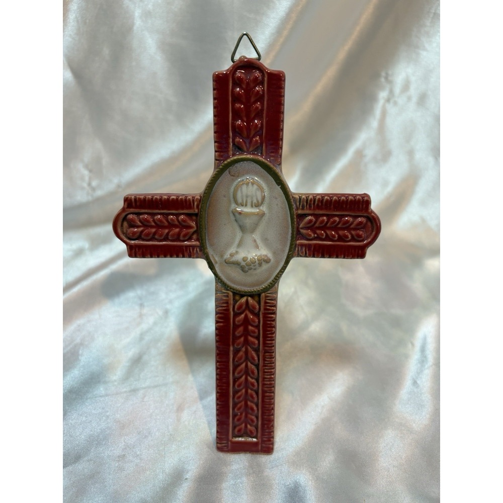 Vintage brick red ceramic cross for hanging or standing